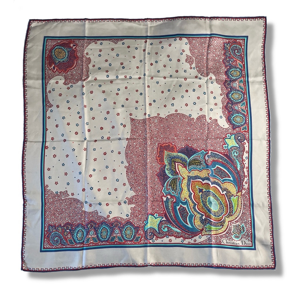 ✨ VINTAGE Christian Dior Silk Scarf | Grey Paisley Floral 30” Square Luxury ✨